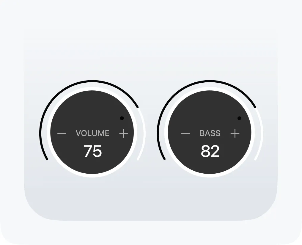 Volume and bass dials in the app, set to 75 and 82