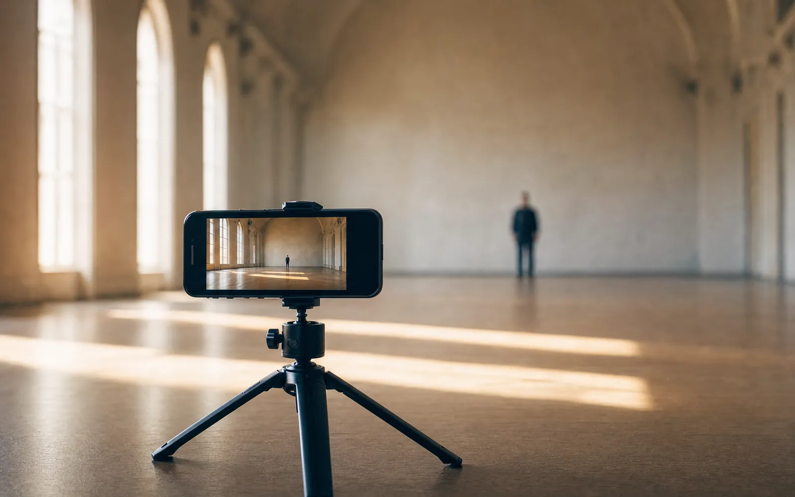 A phone on a tripod filming a person standing far away in a large hall