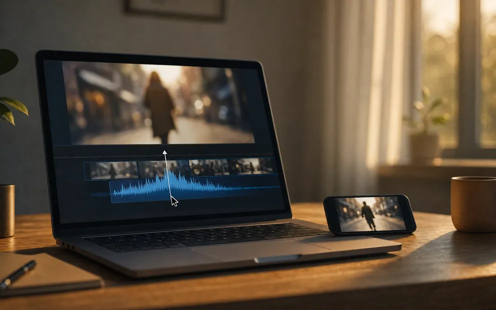 A laptop with a video editing timeline showing a waveform being raised, a phone with the same clip beside it
