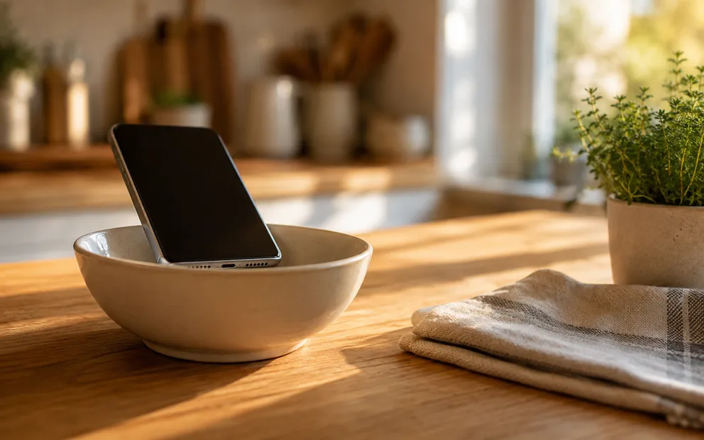 An iPhone playing music on a hard wooden surface, positioned so its bottom speaker faces into the room