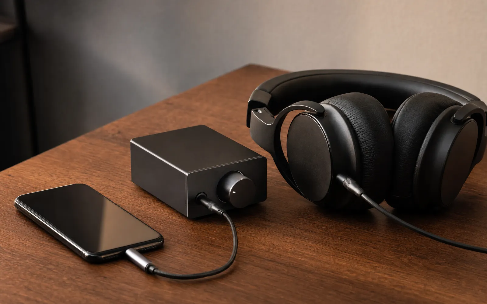 Studio headphones plugged into a small desktop headphone amplifier, with a phone and a headphone dongle beside it