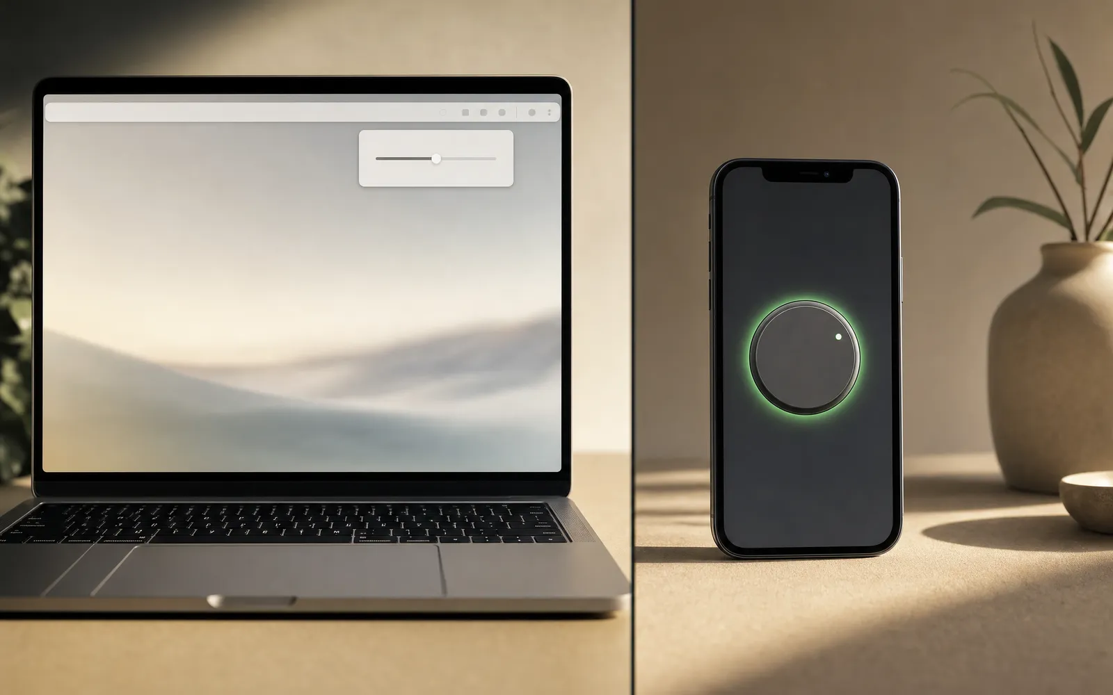 A laptop showing a browser toolbar volume popup next to an iPhone showing a volume booster app, side by side on a desk