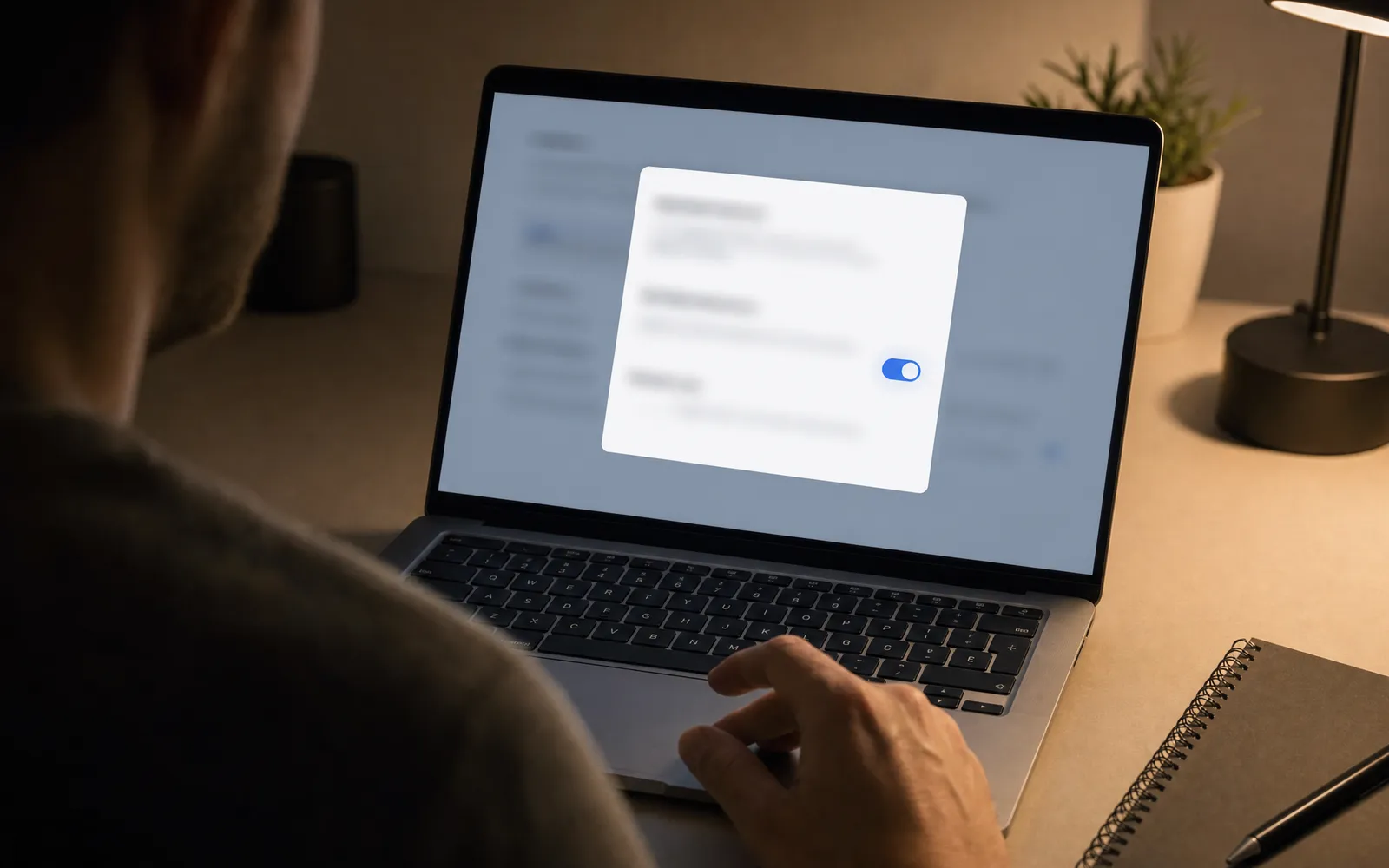 A person at a laptop with a blurred browser permission dialog on screen, hand hovering over the trackpad
