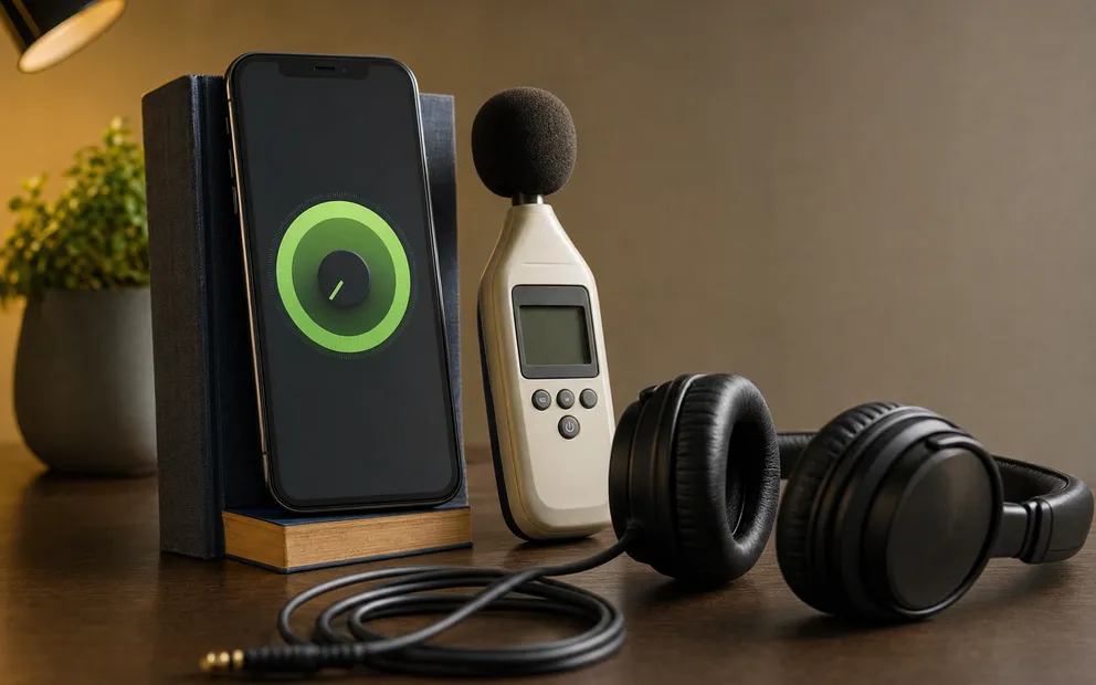 An Android phone showing a glowing circular dial, a sound level meter and headphones in front of it