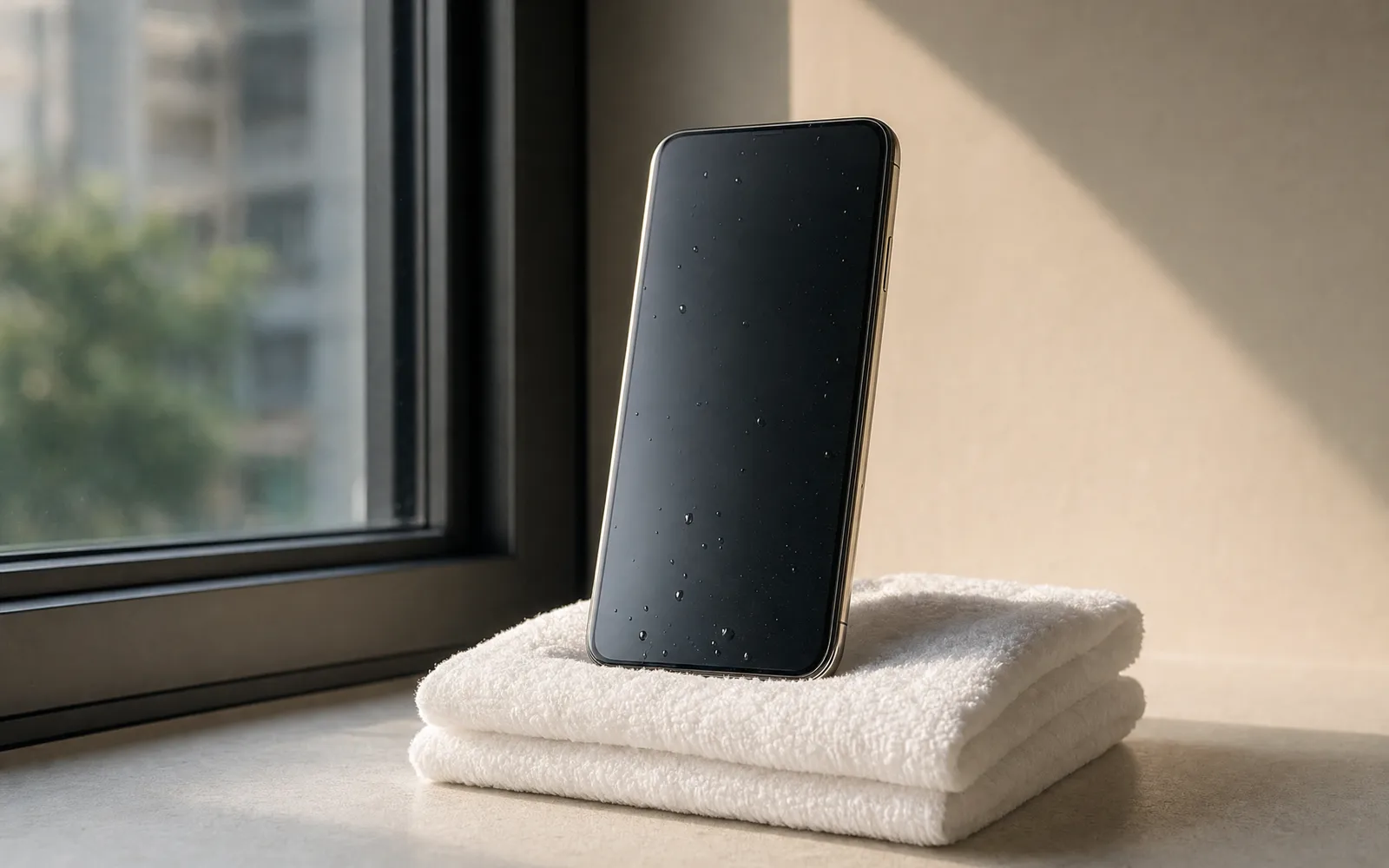 A phone standing on its bottom edge on a folded towel by a window, with water droplets on the glass
