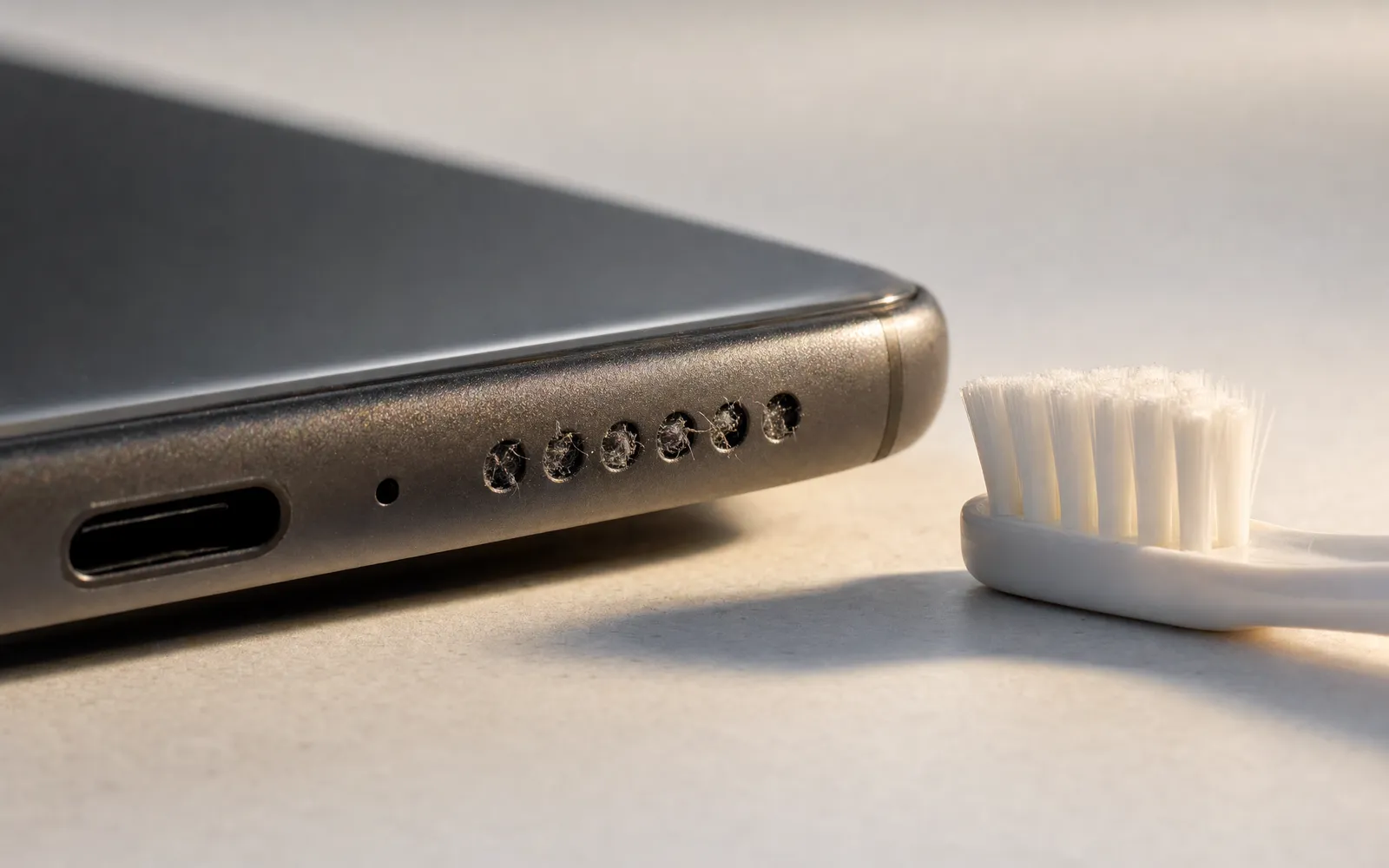 Macro shot of an iPhone bottom speaker grille with lint visible in the holes, a soft brush beside it